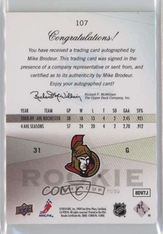 2009-10 Upper Deck The Cup Auto Rookie /199 Mike Brodeur #107 Rookie Auto RC - Image 2 of 2