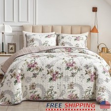 Queen Quilt Set 3 Pieces Floral Microfiber Bedding Soft Lightweight Coverlet New