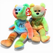 Ty Beanie Babies Peace Bear 1996 Tie Dye Rainbow Plush Lot of 2 w/ Tags