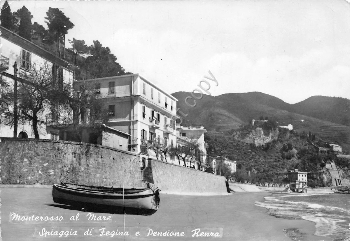 Cartolina - Montereosso - Spiaggia di Fegina - Pensione Renza - 1955