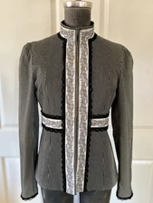 Nanette Lepore Pinstripe Blouse Ivory Embroidered & Velvet Trim Empire Waist 6