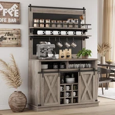 Farmhouse 75" Coffee Bar Hutch Cabinet with Wine Racks&Glass Holder for Kitchen