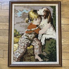 Vtg Hand Stitched Needlepoint Framed - Girl  Spaniel Dog - Large Grannycore Art