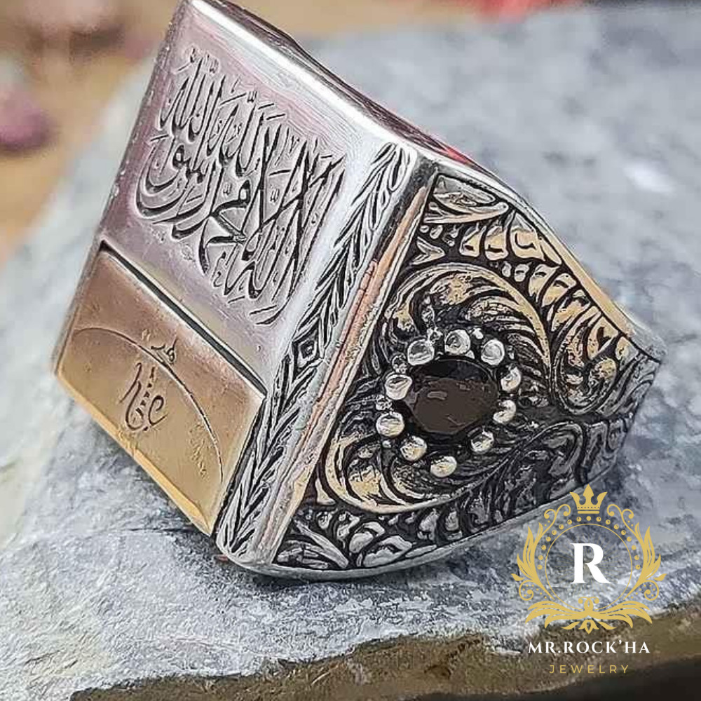 Word of Tawhid Written Engraving,Black Zircon,925 Sterling Silver Men's Ring