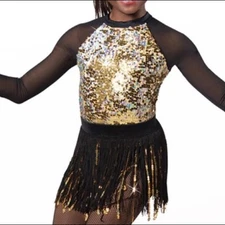 WEISSMAN Dance Costume  SET IT ALL FREE13688 fringe flapper gold- Child 7/8