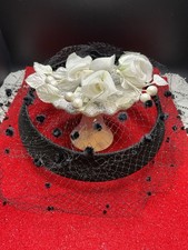 Vintage 1950  sBlack Open Halo Hat w/ Black Veil Netting  White Fabric Flowers