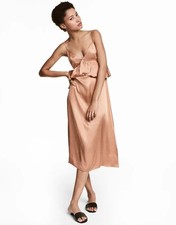 H&M Vneck Satin Slip Dress Size 12 Copper Sleeveless Midi Spaghetti Strap Ruffle