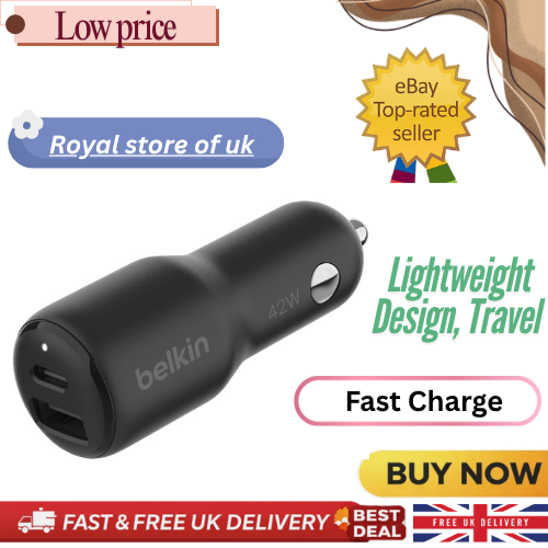 Belkin Boostcharge Dual Car Charger 42W W/Fast Charge USB-C 30W PPS & 12W USB-A