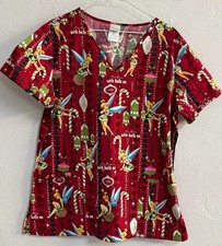 Disney Women's Scrub Top M Red Multicolor Tinker Bell Holiday Print Cotton