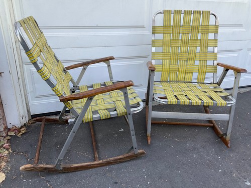 vintage matching Webbed Aluminum Wood Outdoor Rocking set of 2 folding ...