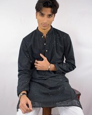 Men  s Black Embroidered Kurta Long Sleeve Traditional Indian Ethnic Wear Tunic