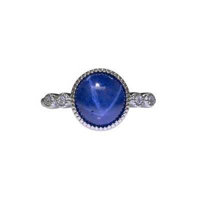 4.1Ct Star Sapphire Ring with Natural Diamond Accents: Solid 14K Gold, Round 9mm