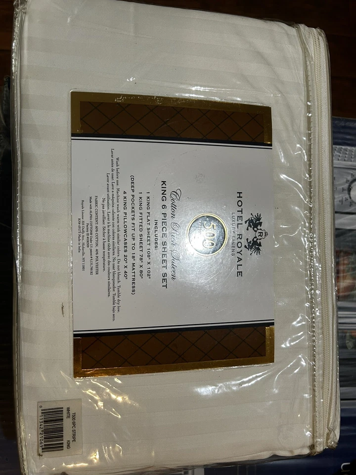 Juego de sábanas Hotel Royal algodón rico satén tamaño king 6 piezas rayas blancas 500 TC Foto 2 de 4