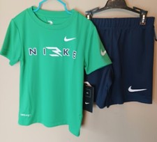 Nike 3Brand Shorts Set 4 Boys Green T-Shirt Navy Blue Mesh Shorts Logo Swoosh