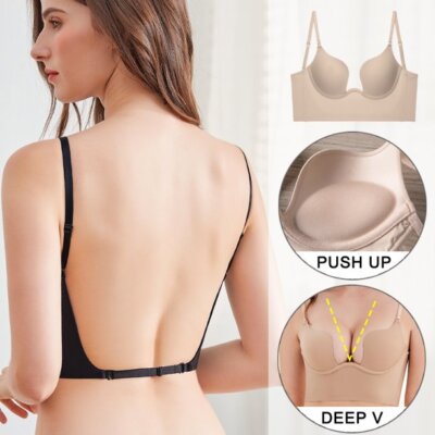 Damen Rückenfreie BHS Push Up Bra Multiway Plunge BH Mit Tiefem U-Ausschnitt BH