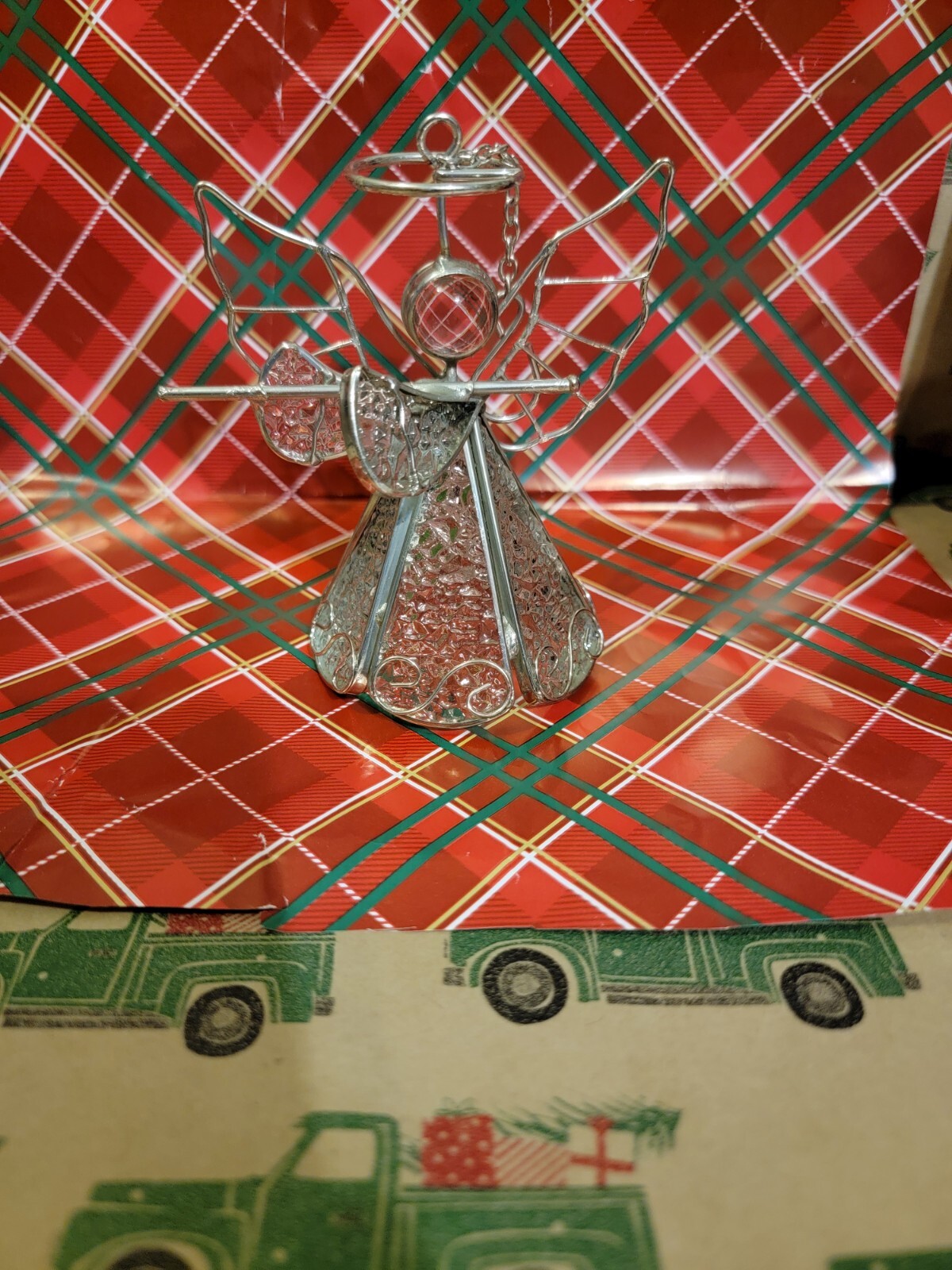 Vintage Clear Stained Glass Angel Christmas Ornament Holding Flute 4”