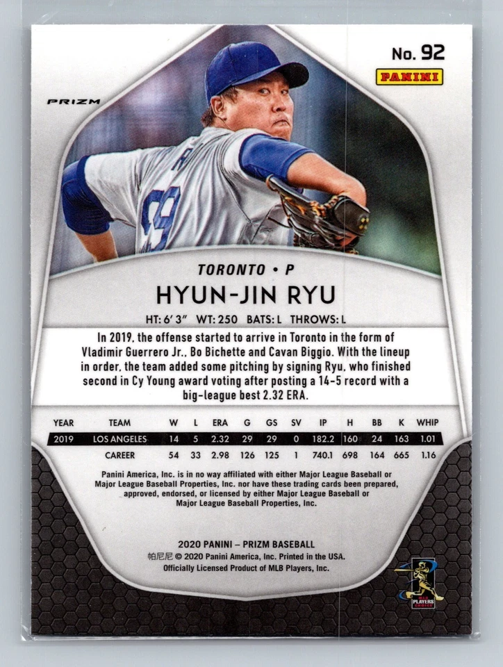 2020 Prizm Hyun-Jin Ryu PRIZM #92 - Toronto Blue Jays - Image 2 of 2