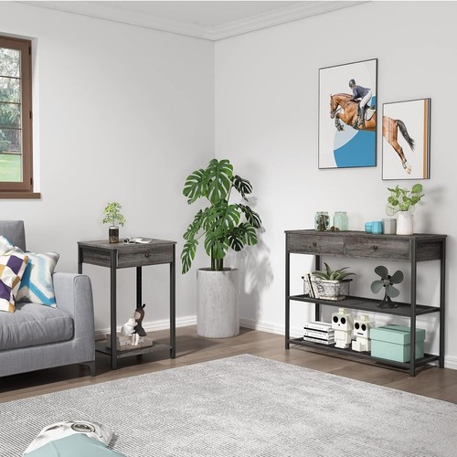 Modern-Style Multi-Purpose Nightstand End Table - Drawer - Storage Shelf - Grey - Picture 9 of 9