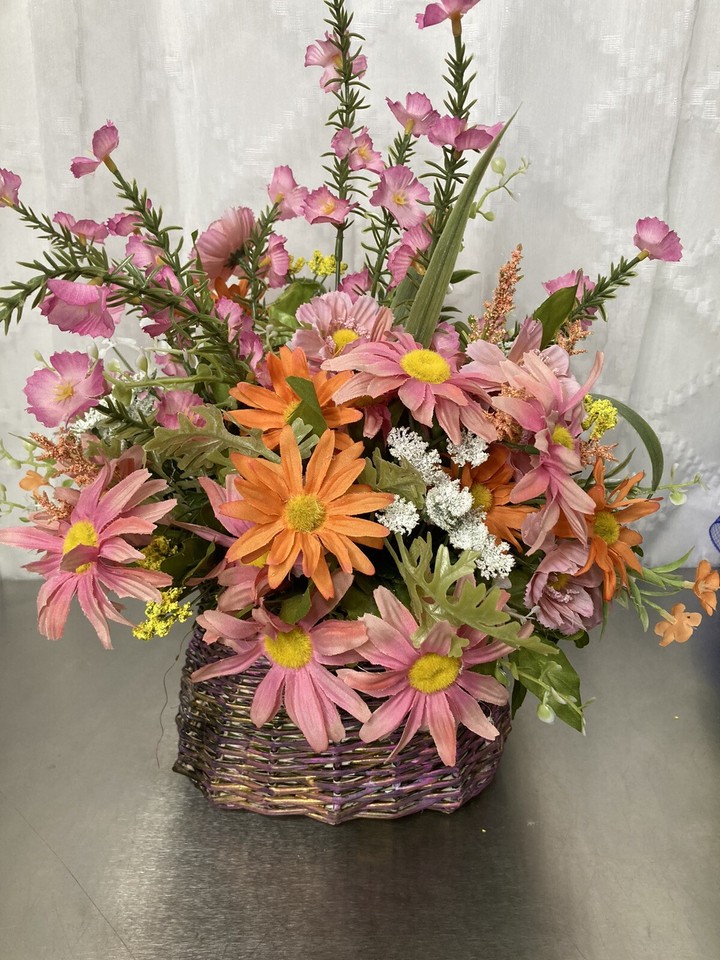 Artificial Pink Silk Floral Flower basket arrangement centerpiece table decor eBay