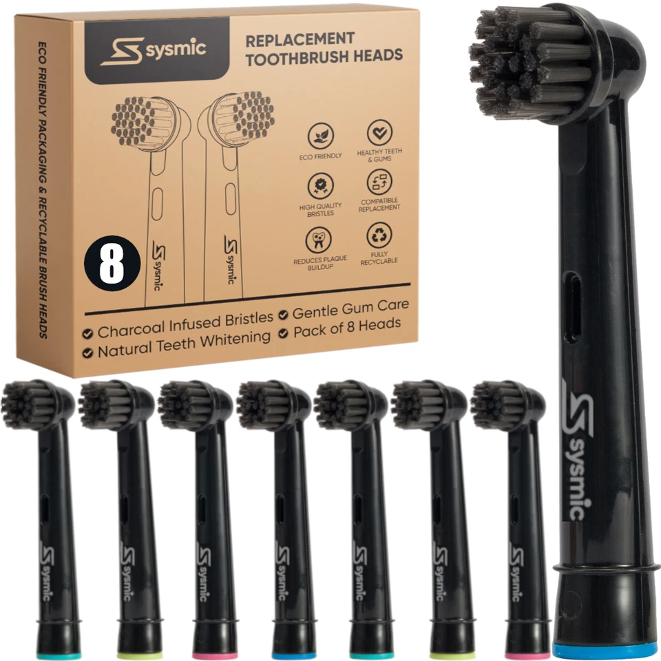 SYSMIC 8 x Charcoal Toothbrush Heads Firm Whitening Black Bristle Oral B Compatible Eco