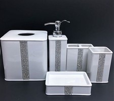 NEW 5 PC SET WHITE CERAMIC+CRYSTALS SOAP DISPENSER,NAPKIN,DISH,TUMBLER,TOOTH