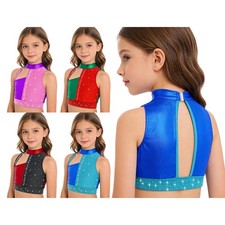 Girls Bra Workout Vest Shiny Rhinestones Crop Top Jazz Dancewear Mock Neck