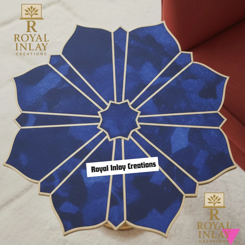 Lapis Lazuli Flower Accent Brass TableTop w/o Stand , Lapis Gemstone Side Table - Image 2 of 4