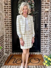 Cabi Coco Tweed Cropped Blazer Jacket Spring Ivory Yellow Tan Women s Sz Medium