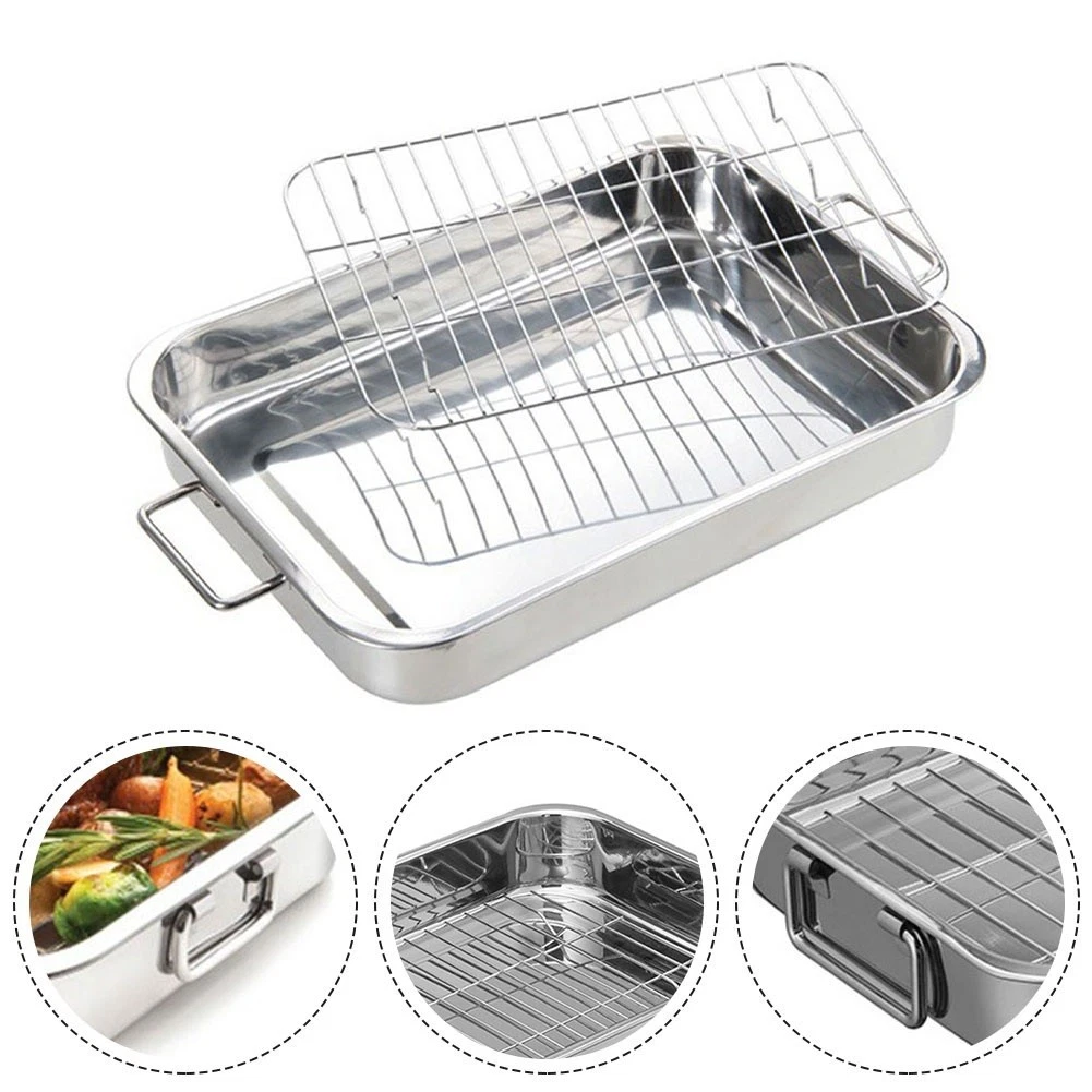 Large Roasting Tray in Stainless Steel with Rack for Oven Roasting and Baking