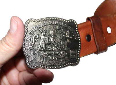 Hesston National Finals Rodeo NFR Belt Buckle & Belt 1985 Fred Fellows Miniature