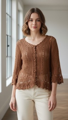 Kroshetta by Papillon Hand Made Knitted Crochet Top 3/4 Sleeve Brown Size L