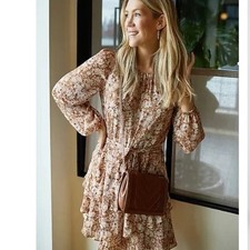 Express Metallic Floral Tie Waist Tiered Ruffle Mini Dress