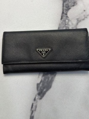 Prada Black Saffiano Leather Long Wallet with Zipper Compartment