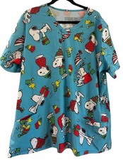 Peanuts SNOOPY WOODSTOCK Holiday Turquoise Women's V-Neck Scrub Top 3XL