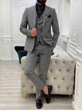 Men Grey 3 Piece Suit Wedding Dinner Party Wear Suits Coat Vest Pant 
