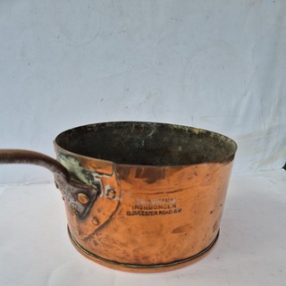 Vintage Antique Copper Pan Stamped : W Hacking Gloucester Rd SW. Riveted. Old.