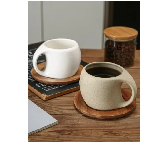 Juego de tazas de café espresso de 8 oz, taza de cerámica con platillo de madera de acacia natural, café con leche/té Foto 4 de 4