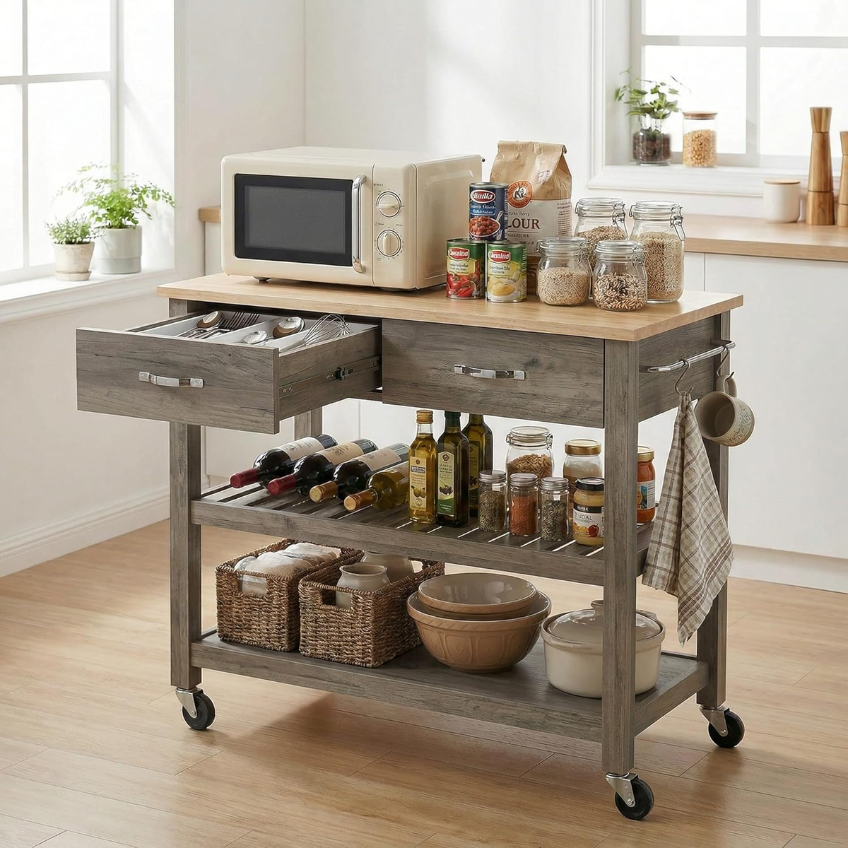 Amanda Solid Wood Kitchen Island with Butcher Block Top & Lockable