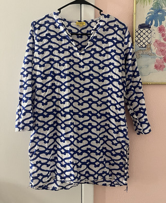 Roberta Roller Rabbit Blue/White Geometric V-Neck 3/4 Sleeve Tunic Top M