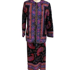 Vtg Carlisle 2 PC Silk Wool Black Floral skirt  Jacket Set Suit NWOT Sz 12
