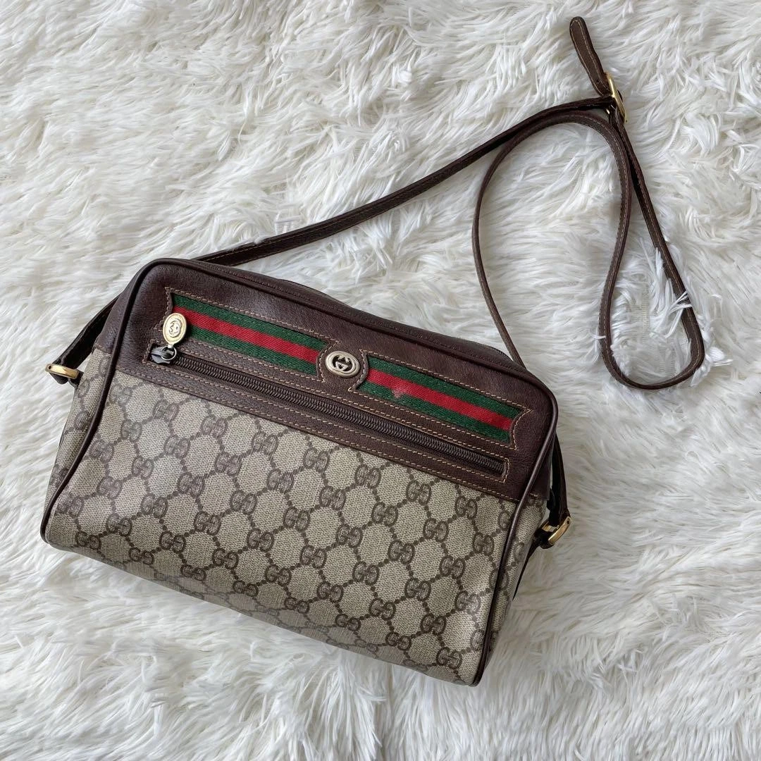 Sac à bandoulière Gucci GG motif intégral ligne sherry logo cuir marron beige bb
