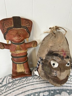 Hand Carved Coconut Head Tiki Bar Decor  Folk Art Tribal Statue Terra Cotta Lot