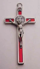 St. Benedict Crucifix  Nickel Plate Enamel - Red 4.5" 