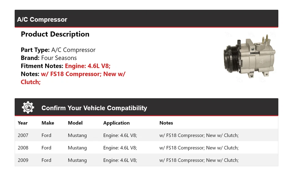 Para Ford Mustang 2007-2009 4,6 L V8 compresor de aire acondicionado 4 estaciones 2008 Foto 2 de 4