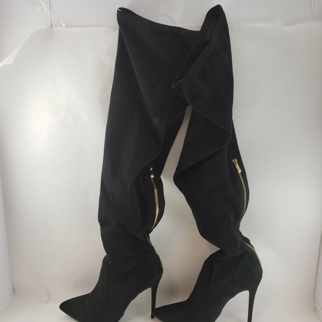 black suede stiletto knee high boots