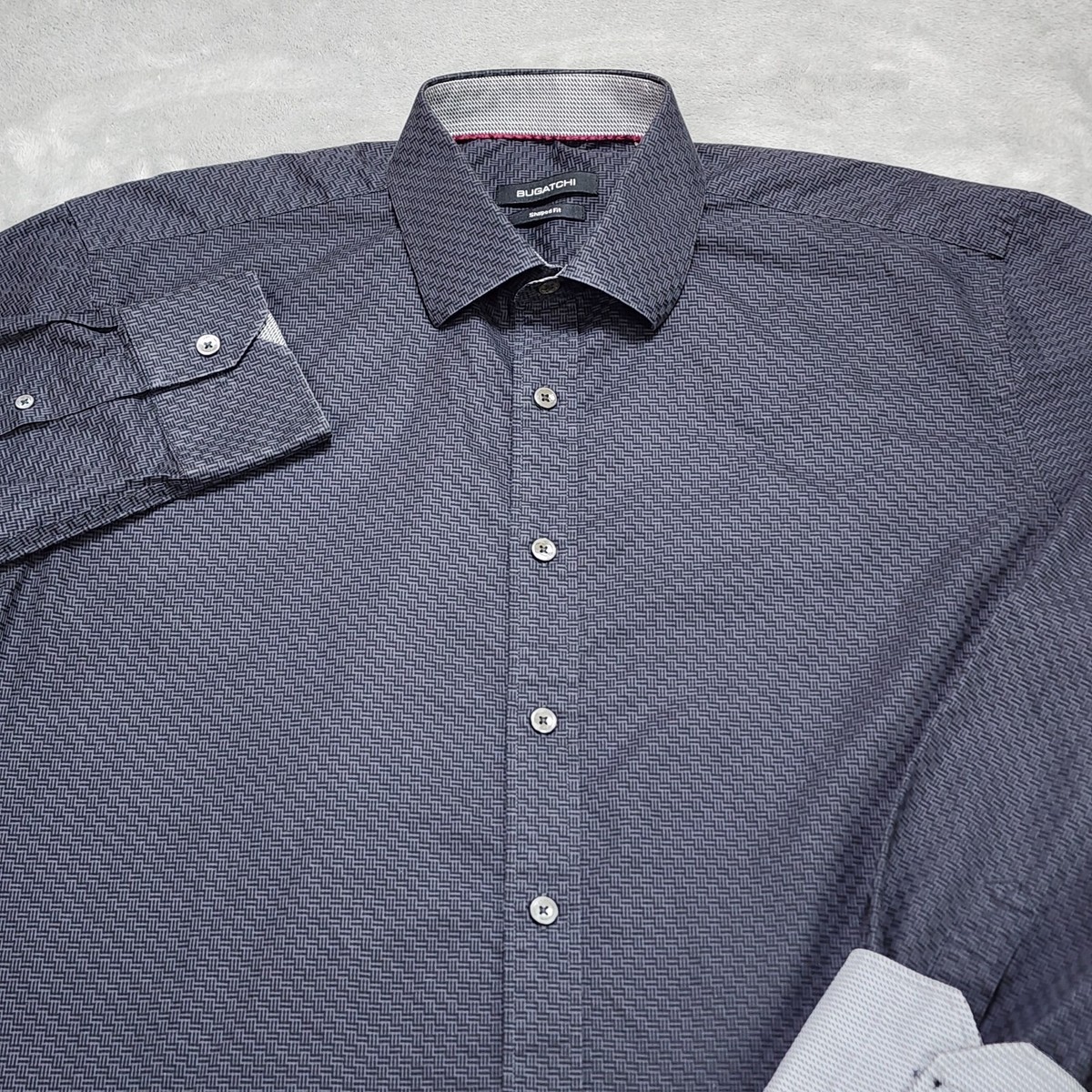 Bugatchi Shirt Mens Large Charcoal Gray Geometric Flip Cuff Shaped