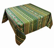LE CLUNY, OLIVES & MIMOSAS, GREEN, PROVENCE COATED COTTON TABLECLOTH, 60" SQUARE