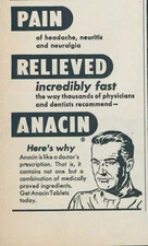 1948 Anacin Pain Relieved Fast Headache Neuritis Neuralgia Vintage Print Ad C5