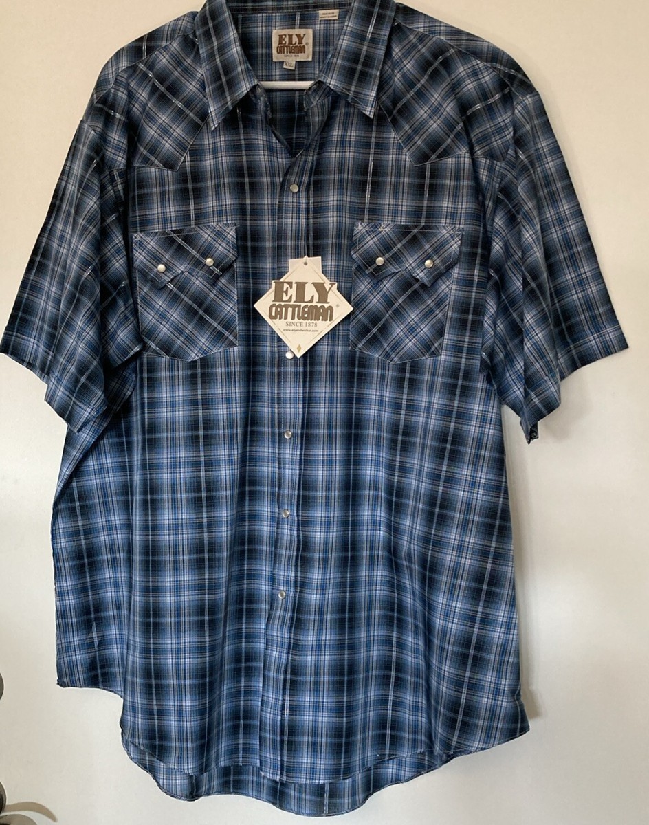 Men's Ely Cattleman Short Sleeve XXL Blue Plaid Western Snap Shirt