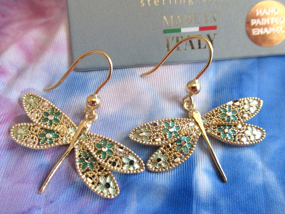 Pendientes libélula de plata esterlina chapados en oro de 18 quilates hechos en Italia MIA FIORE nuevos con etiquetas Foto 4 de 4
